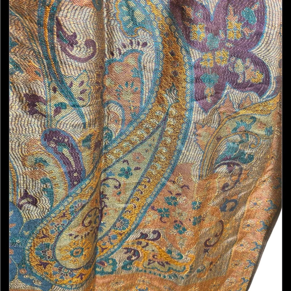Blue Orange Purple 100% Cashmere Paisley Scarf W Tassel Detail - Picture 3 of 4